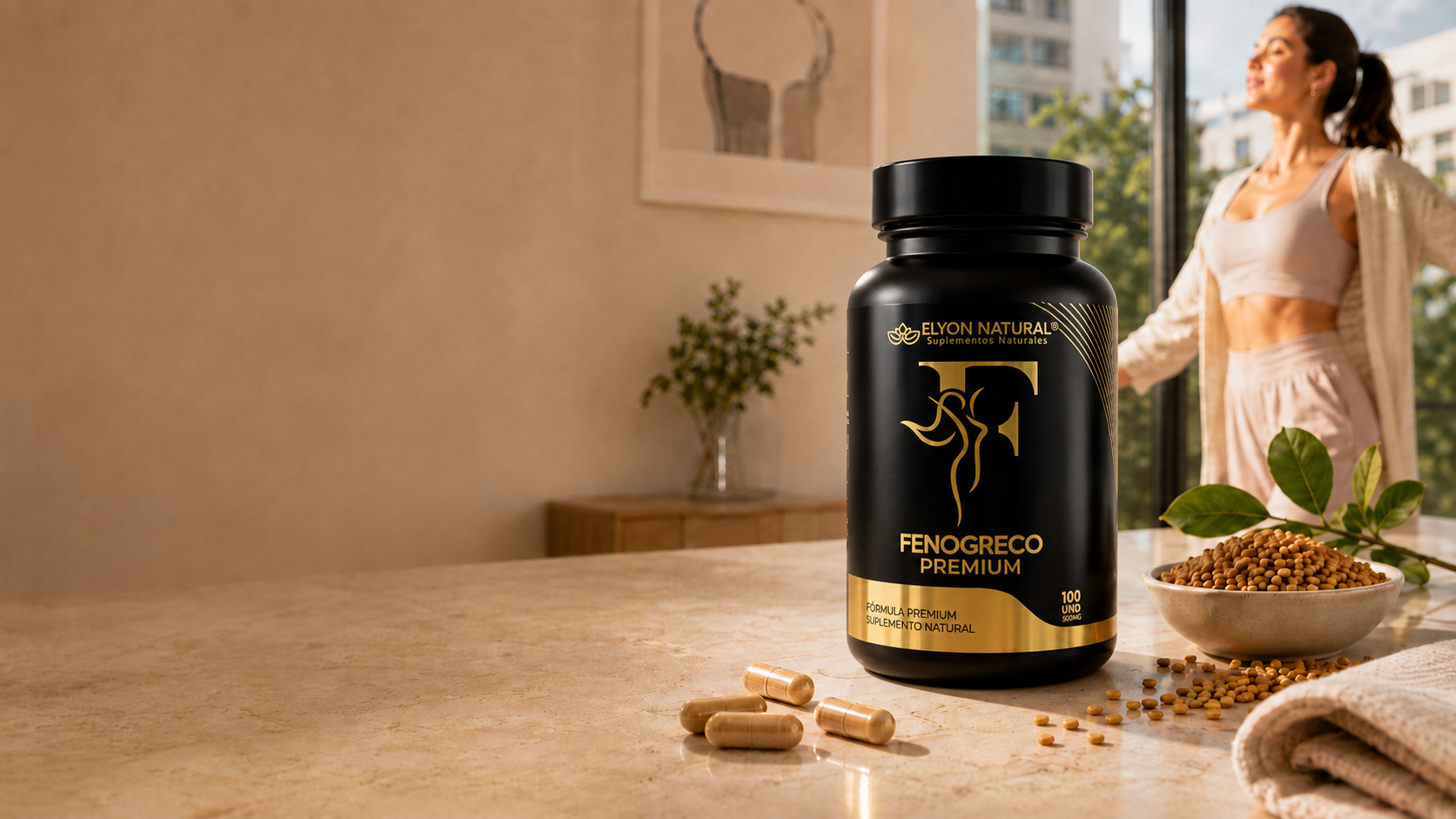 Frasco de cápsulas Fenogreco Premium de Elyon Natural sobre mesa de cocina