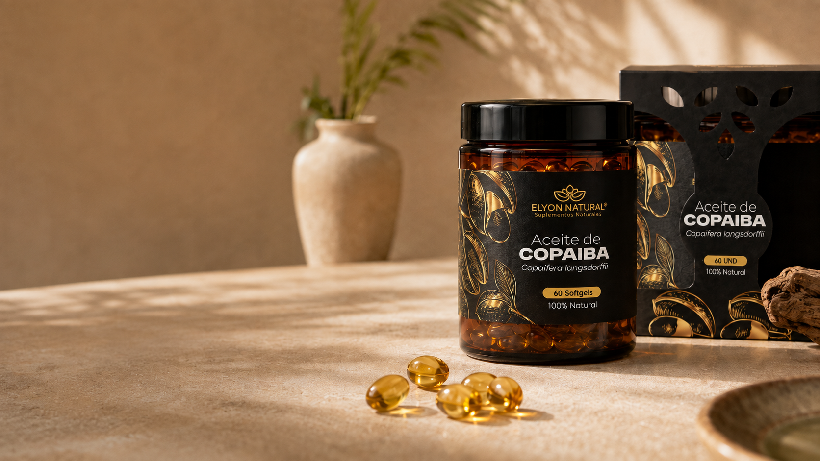Frasco de softgels de Aceite de Copaiba de Elyon Natural con cápsulas translúcidas